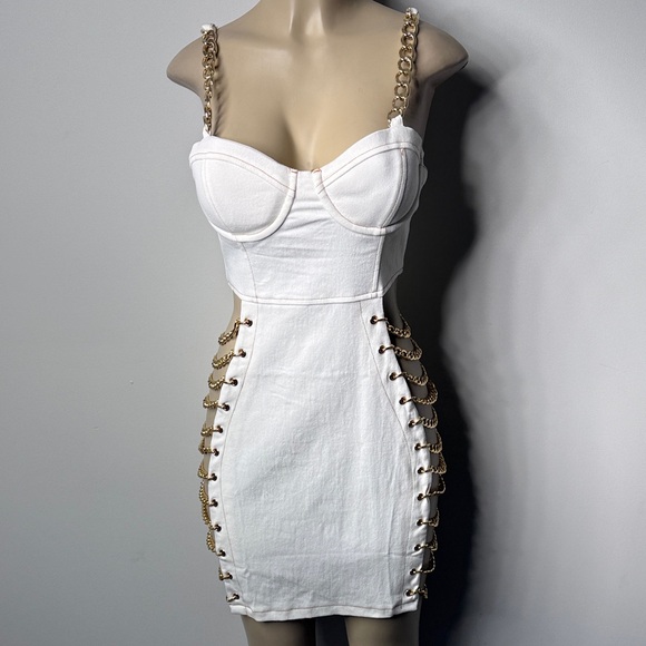AKIRA Dresses & Skirts - AKIRA White Mini Dress with Gold Chain Straps NWOT